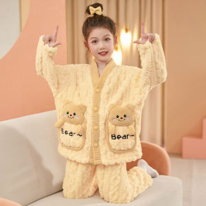 Girls Coral Fleece Padded Thickened Flannel Sleepwear Winter Home Clothes Warm Elastic Fiber Cartoon Style Childrens Home Suit
