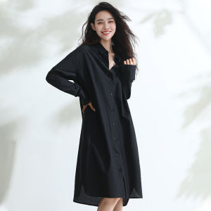Miccbeirn | Silk Cotton Shirt Dress Polo Collar Commute Slimming Casual Midi Skirt Pure Color Loose Waist Long Sleeve Single Button Spring Summer Autumn