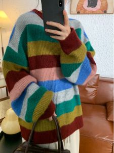 Loose Long Sleeve Womens Knitted Sweater round Neck Rainbow Stripe Color Block Autumn Winter Korean Style Versatile Long Sleeve Knitwear