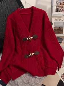 Autumn Winter New 2025 Womens Knitted Open Cardigan Lazy Style Sweater Coat Button Long Sleeve Top Trendy V-neck Thickened Loose Fit