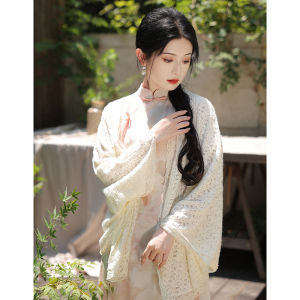 ชุดกี่เพ้าจีนย้อนยุคพร้อมผ้าคลุมไหล่ลูกไม้ ชุดเดรสยาวแขนสั้น ผ้าโพลีเอสเตอร์ ฤดูใบไม้ร่วง 2024 ชุดคลุมกันหนาวแบบสวมหัว