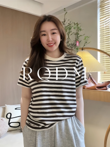 plus Size Womens Summer T-Shirt round Neck Short Sleeve Striped Loose Fit Versatile Casual Top Comfortable Breathable Shirt