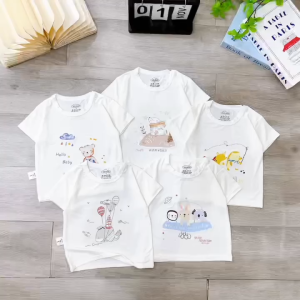 [6-14kg] Áo NGẮN TAY Có Nút Cài Vai Trắng Kem THUN LẠNH PETIT Mềm Mát In Hình Dễ Thương Cho Bé