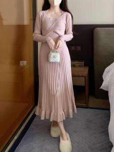 Soft Knitted Base Layer Dress with Wooden Ear Trim Fall Winter Fashion Slimming Mid-Length Fairy Skirt Polyester Nylon Acrylic Blend