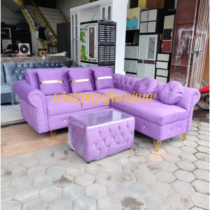 Sofa L Kancing Kaki Besi Bahan Bludru/trinityjayafurniture