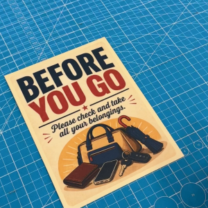 Before You Go. Please Check and Take All Your Belongings. Sticker Sign Signboard Signage Notice. Reminder Do Not Forget