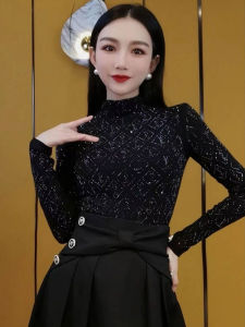 ผู้หญิง หนาขึ้น Heavy-Duty Rhinestone Half-High ปกเสื้อ เสื้อฐาน ฤดูใบไม้ผลิ 2024 สีดำ หลากหลาย พรางหุ่น เสื้อท่อนบน สไตล์การเดินทาง