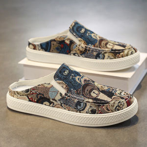 Casual Canvas Mens Shoes Summer Trendy All-Match Driving Soft Bottom Head Half Slippers Breathable Flat Heel Patchwork Rubber Sole