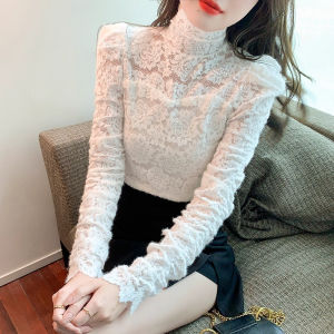 chaqi | Áo sơ mi ren lót lông cừu dài tay cổ cao ôm vừa vặn thời trang thu đông mới về áo lót lưới thời trang cho nữ