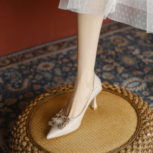 Black Leather Diamond Square Buckle High Heels Womens Spring Autumn New Style French Elegance Genuine Leather Thin Heel Single Shoes