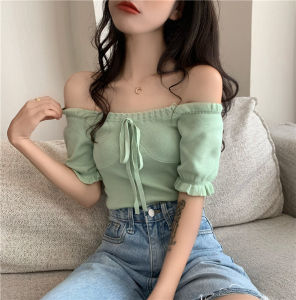 Áo Thun Dệt Kim Ôm Vừa Vặn Tay Bồng Ngắn Kiểu Pháp Cho Nữ Mùa Hè 2021 Cổ Chữ V Tay Bồng Hoa Ren Nơ Lưng Hở