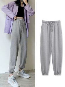 Loose Womens Sports Pants Grey Casual Trousers High Waist Harlan Pants Korean Style Commute Wind Long Pants with Pockets