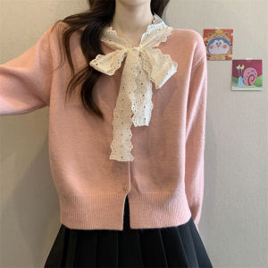 Blue Butterfly Knot Knitted Sweater Womens Early Spring Base Shirt Unique Beautiful Milkiness Sweet Style V-neck Long Sleeve