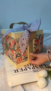 UNIGOLD The You&Me GIft Box | Tilted Lid with PU Leather Handles | Floral Printed Design | Carry Like Mini Basket | Ribbon Attached |Suitable for Birthday Valentines Christmas Xmas New year Party Housewarming Wedding Ceremony Business Supplies Stationery