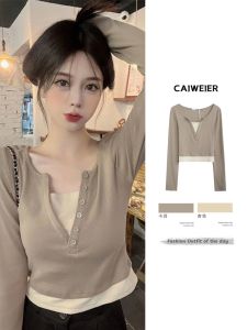 Autumn plus Size Womens Fashion V-Neck Long Sleeve T-Shirt Fake Two-Piece Waist-Cinched Shoulder-Length French Style Top