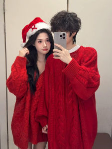 เสื้อสเวตเตอร์ถักคอปกกลมสีแดงสำหรับผู้ชาย ฤดูหนาว คริสต์มาส เสื้อสเวตเตอร์ถักคู่ เสื้อชั้นในดีไซน์หรูหรา เสื้อผ้าทำงาน