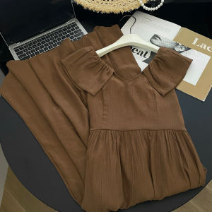 PAIBOLI | Romantic Brown Sweet Dress For Women A-Line Midi Skirt Slimming Plus Size Pear Shaped Body Summer Casual Fashionable Dress