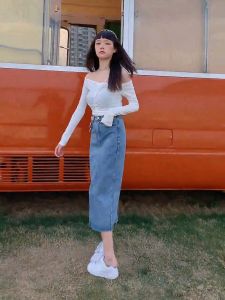 Beautified กะโปรงยีนส์เอวสูง ทรงยาว ผ่าหลัง สไตล์เกาหลี