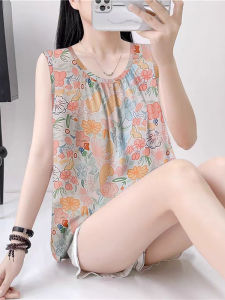 Áo Vest Xếp Ly in Hoa Dáng Rộng Không Tay Mùa Hè Cho Nữ Áo Sơ Mi Cơ Bản Mặc Trong Ngoài Trời Áo Chui Đầu Cổ Tròn
