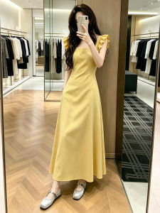SUSIEYUAN | French Style Flying Sleeve Yellow Vest Long Dress for Petite Women
