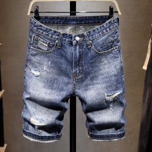 Trendy Mens Ripped Denim Shorts Slim Fit Casual mid Waist Straight Leg Jeans Shorts Youthful Style Wear Resistant Summer New