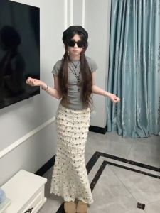 Váy Dài Ren Chữ a Cạp Cao Cho Nữ Mùa Thu 2025 Váy Đuôi Cá Bó Sát Dài Thường Ngày Không Biến Dạng