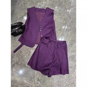 Fashionable Streetwear Two-Piece Set Purple Ashamed Wide Leg Pants with V-Neck Cotton Linen Blouse for Women