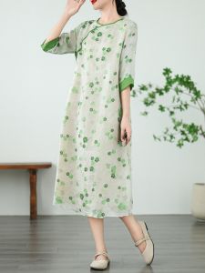 New Summer 2025 Womens Hanfu Style Floral Print Cotton Linen Dress Loose Waist A-Line Skirt Chinese Traditional Fashion Dress