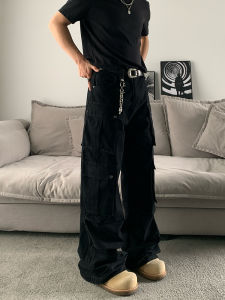 American Style Workwear Jeans Mens High Street Vibe Straight Leg Wide Leg Black Casual Pants Multiple Pockets Leisure Trousers