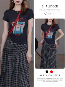 Shalldoer | Summer Short Sleeve T-Shirt Top Slim High Waist Plaid Mini Skirt Two Piece Set Women Fashionable Round Neck Cotton Blend Ensemble