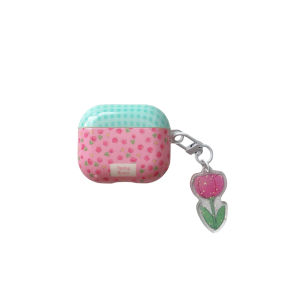 Beautiful Green Plaid Splicing Tulip Flowers Pattern with Tulip Pendant Earphone Case Cover for AirPods 1 2 3 4 Pro 2 Pro 3