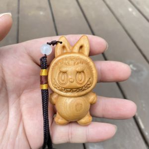 Modern Minimalist McDonalds Labubu Carved Figurine Keychain Bag Tag Cartoon Wooden Sculpture Home Decorative Accessories