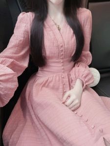 QFN | Elegant Pink Waist-cinching Long Dress