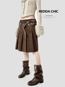 Retro Brown Corduroy A-Line Skirt Pleated Mid-Length Pear Shape Half Body Autumn Winter Street Style Solid Color Low Waist Skirt
