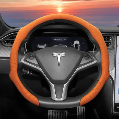 Suitable for Tesla Perforated Leather Steering Wheel Cover Non-Slip Sweat-Absorbent Breathable Integrated Snap-On Protective Case for Model 3 Y S X and Other Models Available in Red Black Orange Green and White