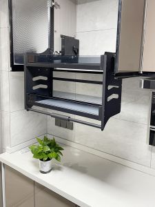 Modern Kitchen Cabinet Pull out Spice Basket Damping Buffer Storage Rack Aluminum Alloy Material Drop down Design Black Crystal Elevator