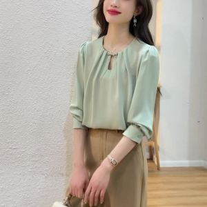 AMMIN 2025 Spring and autumn new simple round neck fashion hollow nail bead disc buckle design long sleeve chiffon shirt female Korean style small fresh elegant blouse