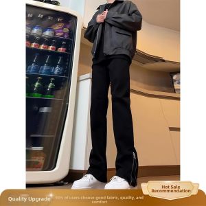 Side Zipper Straight Black Jeans Slim