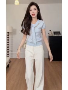 YUEZHONGWEI | Elegant Beautiful Fitted Knitwear Blue Ice Silk Short Sleeve