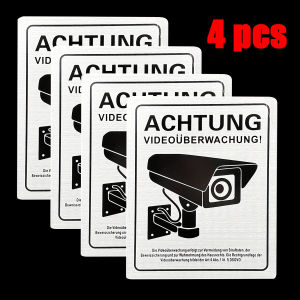 4pcs German warning video surveillance sign ACHTUNG VIDEOUBERWACHUNG! Camera monitoring with self-adhesive and 4 drill holes