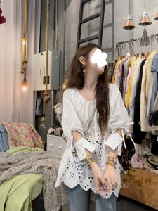 Romantic French Style Hollow Embroidery Shirt East Gate Summer New Bubble Sleeve Korean Style Loose Fit Long Sleeve Shirt