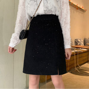 Shiny Velvet A-Line Mini Skirt High Waist Mid-Length Split Korean Style Commute Pure Color plus Size Women Bodycon Skirt