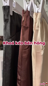 Kem/ Nâu/ Đen Lụa HK dày bóng mát mịn Đầm ngang ngực bo chun dáng dài loe khoá kéo sang xịn gợi cảm tôn dáng GOBAL DRESS