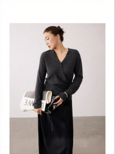 Foggy Sweet Tea Color Wide Comfortable Straight Shoulder Wrap Cross V-Neck Pleated Top