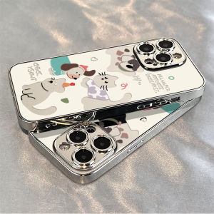 Full Cover Green Coat Dog Cat Phone Case for Apple 16Promax Mirror Surface Anti-Fall Simple Design Protective Shell for iPhone 14 pro