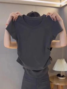 Áo Thun Nữ Tay Ngắn Màu Xám Cao Cấp Mùa Hè Bằng Cotton Xếp Ly Eo Cổ Tròn Thời Trang Thường Ngày Dài Ngắn