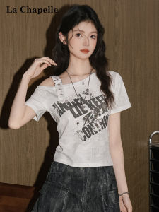 La Chapelle | Off-Shoulder Letter Print Fitted Short T-Shirt