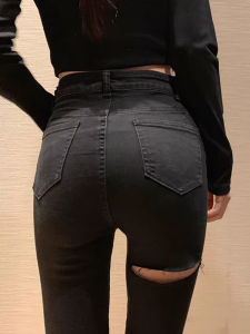 High Waist Denim Jeans Womens Fall New Style Elastic Skinny Black Pants Slimming Effect Pencil Pants Torn Hole Design