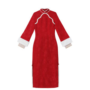 New Chinese Style Red Qipao Dress Womens Original Hanfu Cheongsam Long Sleeve Low Slit Daily Wear Polyester Fiber