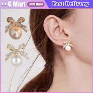 2 Womens Silver Needle Bow Studded with Diamond Pearl Earrings Fashionable and Niche Design High-end and Refreshing Earrings